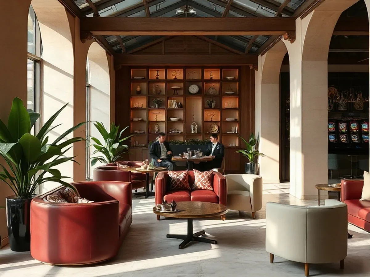A quiet lounge corner with wine-coloured leather seating, oak and soft filtered light.