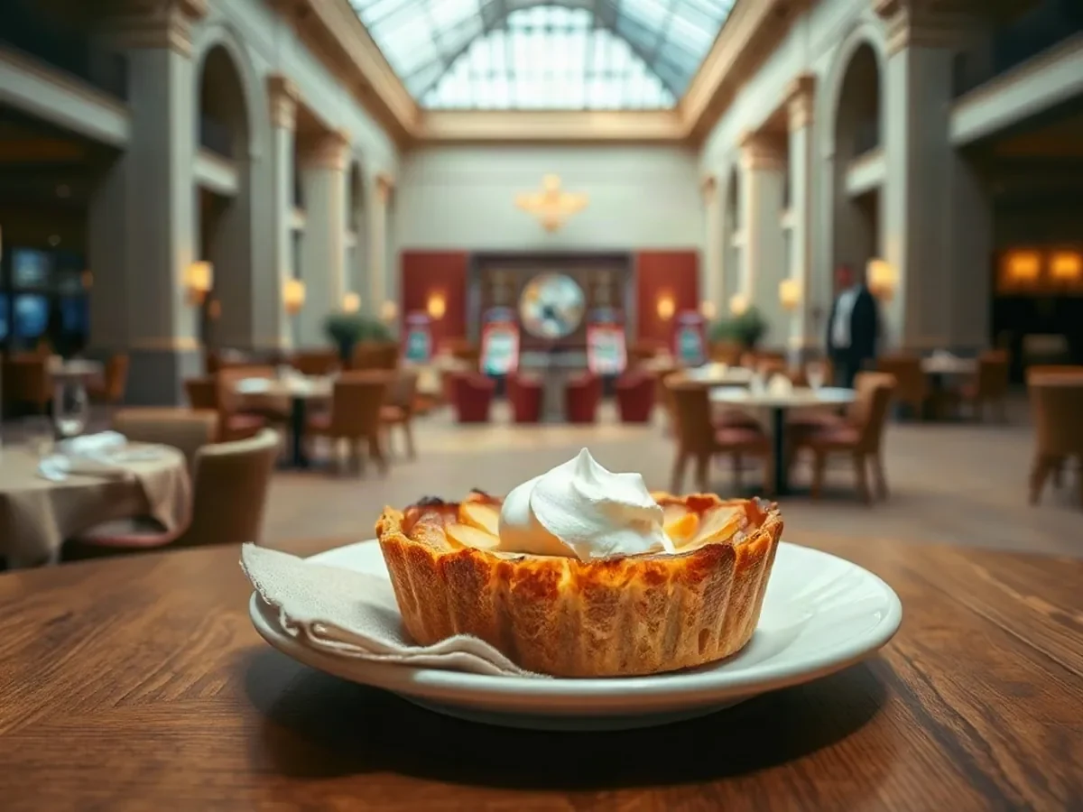 Golden apple tart beside cultured cream on a cream plate in warm, gentle light.