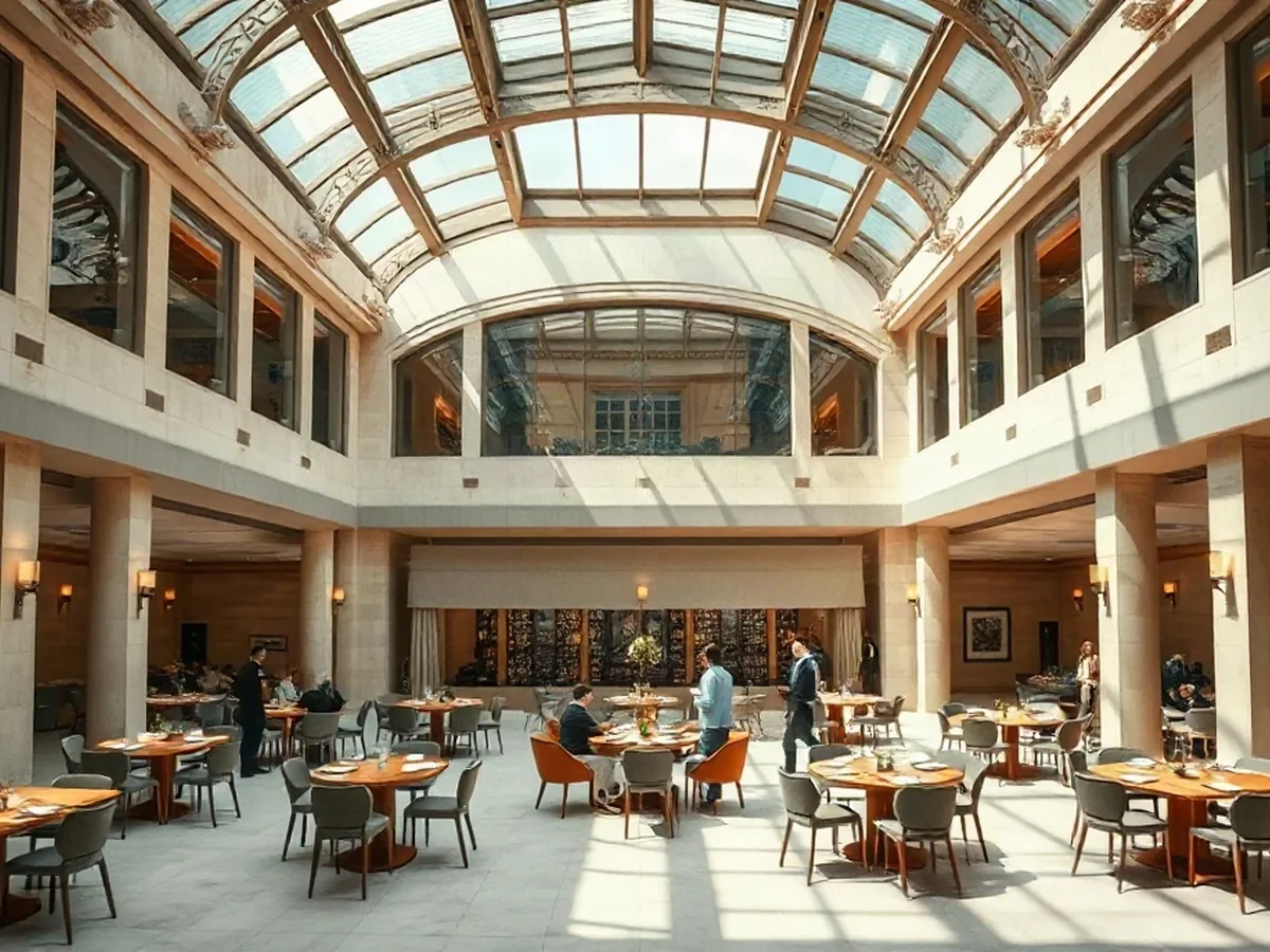 Casino gaming tables beneath a glass canopy, framed by pale limestone and softly lit oak.