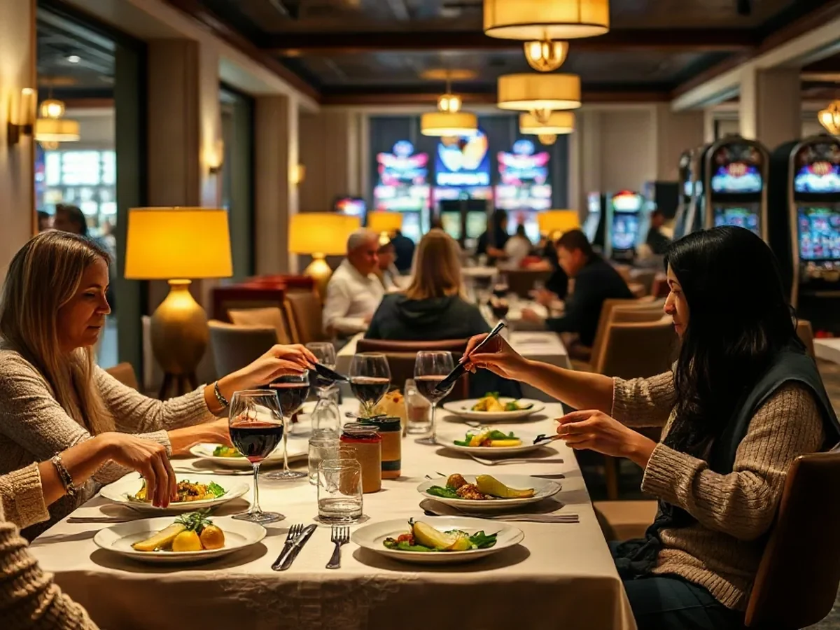 Adult diners sharing a meal at a linen table with cream plates, oak and warm shaded light.
