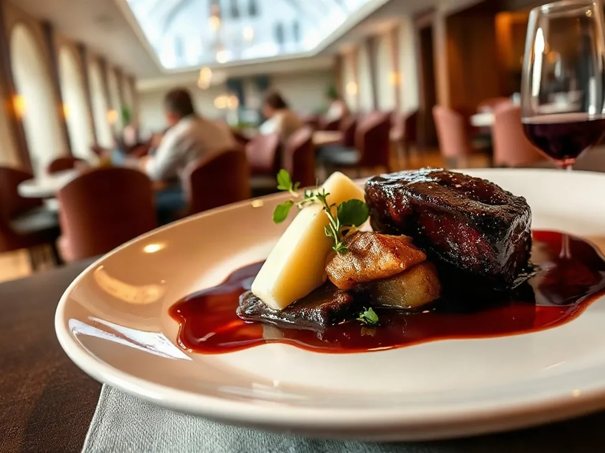 Slow-braised beef with celeriac and thyme jus on cream ceramic, warmly lit on smoked oak.