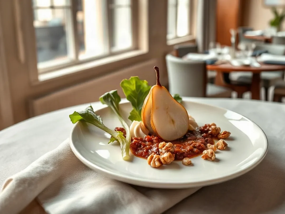 Chicory leaves, sliced pear and toasted walnuts arranged on cream ceramic in soft window light.